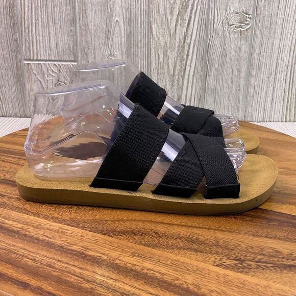 Roxy Women's 8.5 Open Toe Tan Black Cork Canvas Sandals Slides Beach - Picture 6 of 9